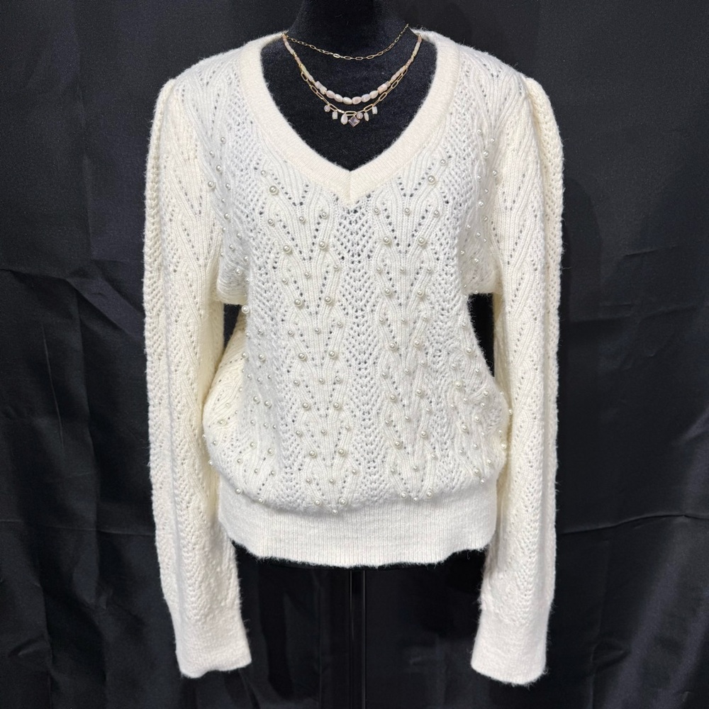 Nanette Lepore Ivory Pearl‎ Embellished Knit Sweater • Luxe V-Neck • Size L
